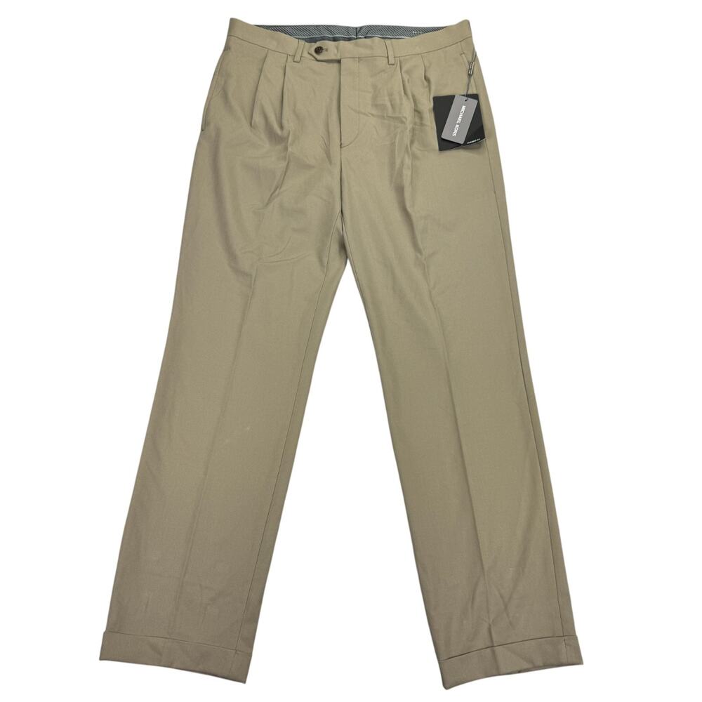 Michael Kors Mens Pleated Cuffed Solid Classic Fit Stretch Pants Tan 33x32